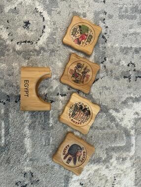 Handmade 4 piece Wooden Coaster Set and Holder Made in Egypt